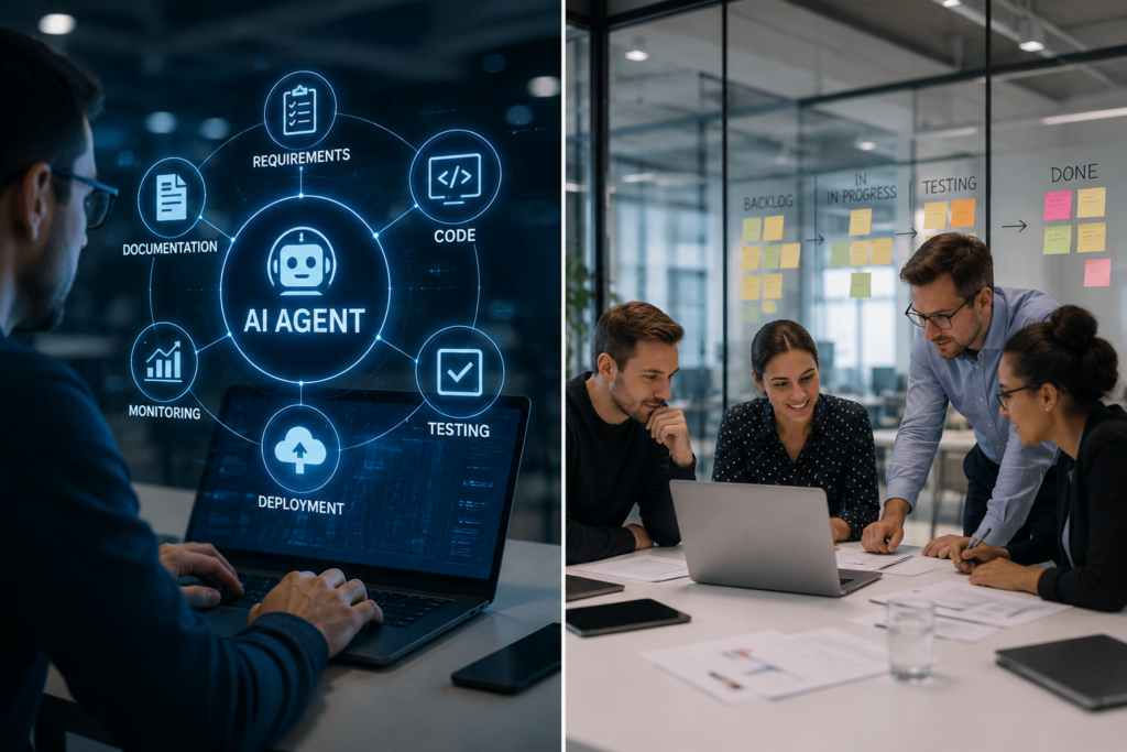 AI agent supporting requirements, code generation, testing, deployment, monitoring and documentation while an agile development team reviews project progress.