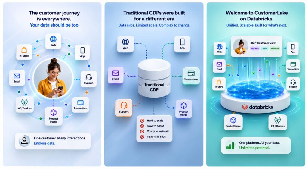 Comparison of fragmented customer journeys, a traditional CDP and Databricks CustomerLake as a unified customer data platform.