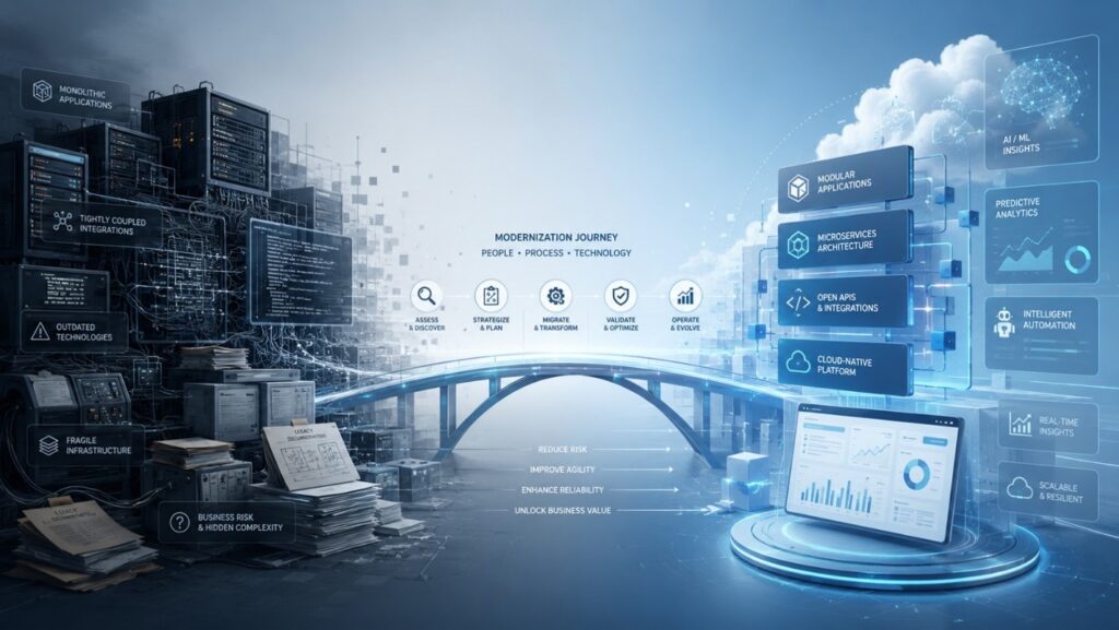 Legacy system modernization journey from monolithic applications to a cloud-native, AI-ready platform